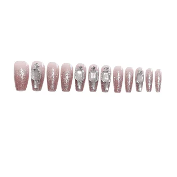 Декор стразами Розовые длинные накладные ногти Ультра-гибкие Долговечные накладные ногти для украшения ногтей своими руками
