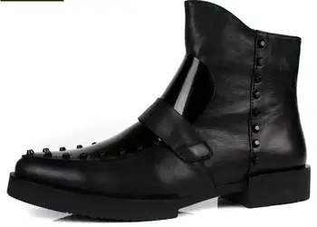 Новые модные мужские ботинки без застежки из натуральной кожи, ботильоны с заклепками, зимние черные мужские ботинки с острым носком