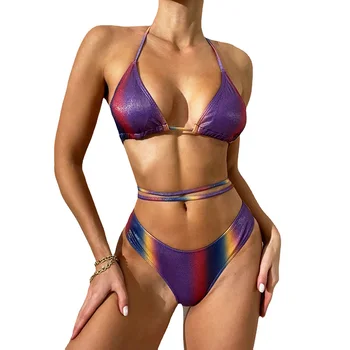 Женский повседневный спортивный сексуальный купальник на шнуровке с плавно меняющимся цветом, высококачественный комплект бикини из трех частей
