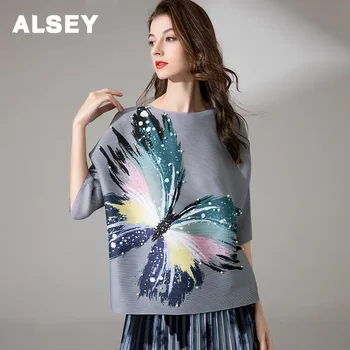 Женская футболка с принтом бабочки ALSEY Miyake, Летняя новинка, плиссированный круглый вырез, расшитый бисером, Простой Элегантный Повседневный свободный кардиган 