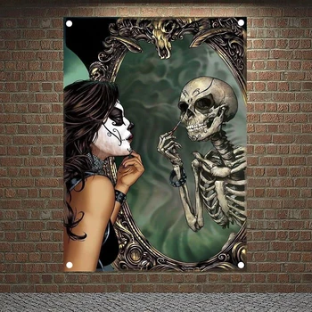 Скелет в макияже баннеры черепа татуировки искусства флаги холст украшения дома картины страшные кровавые плакаты гобелен стене висит