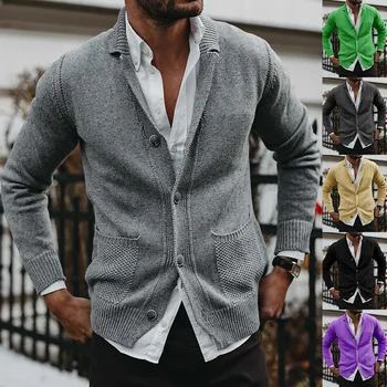 Мужской свитер-кардиган, осенне-зимний новый однотонный вязаный свитер с V-образным вырезом и карманами, куртка с длинными рукавами, мужская одежда, топы