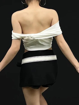 Женские топы с открытыми плечами и коротким рукавом, облегающая футболка с 3D цветочными рюшами и открытой спиной, Клубная уличная одежда 3-black Small