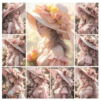 Алмазная живопись, Новая коллекция 2023, Розовая шляпа с цветком, девочка, сделай сам, Полная мозаика, Горный хрусталь, вышивка, Фантазия принцессы AA4723