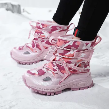 Детские зимние ботинки, водонепроницаемые, сохраняющие тепло на улице, высокие кроссовки с меховой подкладкой, нескользящая детская хлопчатобумажная обувь на платформе
