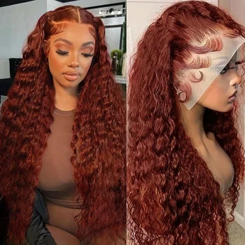 Красновато-коричневый парик с глубокой волной, 13x4 парика из человеческих волос на кружеве, Прозрачный цветной красный кудрявый парик из человеческих волос для женщин