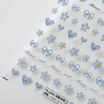 Летнее Нарядное Голубое Сердечко с бантом и Милым Цветком 5D Мягкая рельефная самоклеящаяся наклейка для ногтей 3D Наклейка для маникюра своими руками
