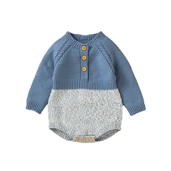 Зимняя вязаная одежда для новорожденных, комбинезон-свитер для маленьких девочек и мальчиков, мягкий комбинезон на пуговицах контрастного цвета с длинными рукавами, вязаный крючком для младенцев