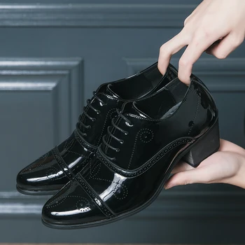 Новые Черные Официальные Мужские туфли из лакированной кожи На шнуровке Ручной работы На толстом каблуке, Деловые Мужские модельные туфли Ручной работы