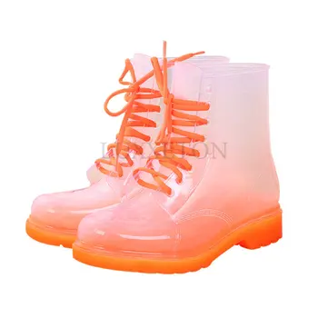 Женские непромокаемые ботинки на платформе, непромокаемые ботильоны желейного цвета, женская новая водонепроницаемая рабочая обувь, прозрачные слипоны