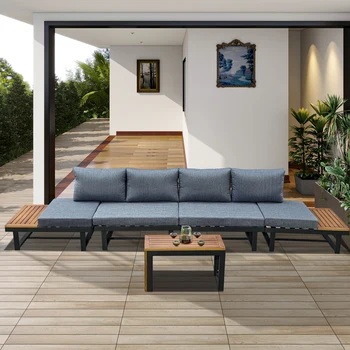Комплект секционных диванов для патио, мебель для дивана, алюминиевый встроенный столик с подушками