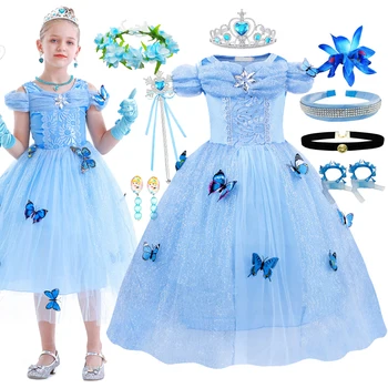 Платье для косплея принцессы золушки Диснея для девочек, детское бальное платье, карнавальная сетчатая одежда с пышными рукавами-бабочками для подарка на день рождения