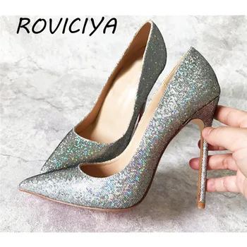 Серебристые женские туфли-лодочки на высоком каблуке 12 см, расшитые блестками, женская обувь для вечеринок, модная обувь для ночного клуба, BM019 ROVICIYA