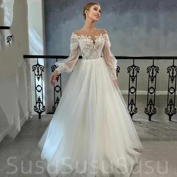 Элегантные свадебные платья принцессы с длинными пышными рукавами и кружевными аппликациями, свадебное платье Vestido De Novia на пуговицах, изготовленное на заказ