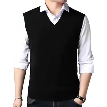 Удобный теплый жилет-свитер Универсальный мужской вязаный свитер с V-образным вырезом для мужчин среднего возраста, приталенный пуловер с ребристыми манжетами на весну