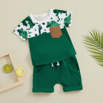 Одежда для младенцев и мальчиков на День Святого Патрика, рубашки с короткими рукавами, футболка с клевером и зеленые шорты, комплект