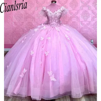Розовое бальное платье с 3D бабочкой, расшитое бисером, пышные платья с открытыми плечами, аппликации, корсет с кружевным бантом, Vestidos De 15 Años