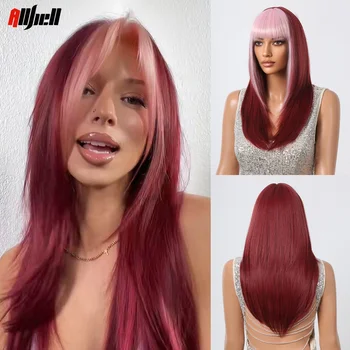 Прямой Винно-Красный Синтетический Парик с Розовой Изюминкой Косплей Волосы Лолиты для Женщин Афро Длинная Розовая Челка Парики Высокой Температуры
