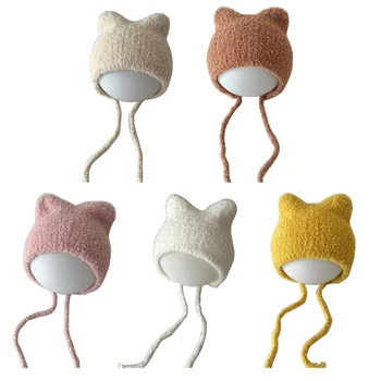 Вязаная шапочка с кошачьими ушками для новорожденных, модная шапочка-бини для новорожденных, шапочка для плода, детский вязаный пуловер, шапка с ремешком-завязкой