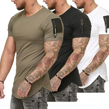 B3526 Уличная летняя футболка в стиле хип-хоп с коротким рукавом и застежкой-молнией на плече, мужская футболка с удлиненным изогнутым подолом, тонкая забавная футболка Плюс