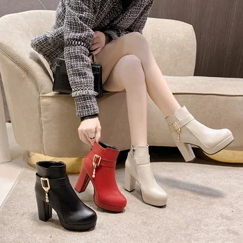 Элегантные короткие сапоги, женская обувь, осень-зима, женские ботильоны, повседневные красные, черные вечерние туфли на высоком каблуке, женские боты