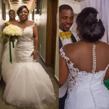 Плюс Размер Африканская Русалка Свадебные Платья Иллюзия Шеи Прозрачные Аппликации На Спине Кружевные Бусины Длинное Платье Невесты