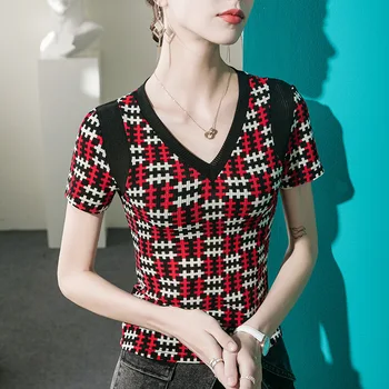 Высококачественный женский топ 2024 с решетчатым принтом, Весенне-летняя футболка, женская одежда, Сексуальный укороченный топ, повседневная блузка Y2k