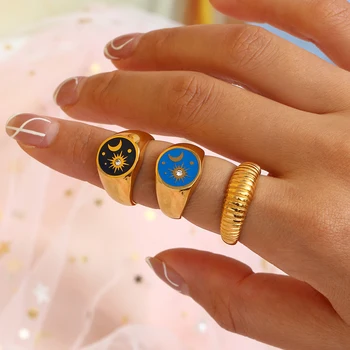 НОВЫЕ черные синие кольца с капающим маслом, звездой и Луной для женщин, простые женские кольца с покрытием из 18-каратного золота, аксессуары для вечеринок, ювелирные изделия.