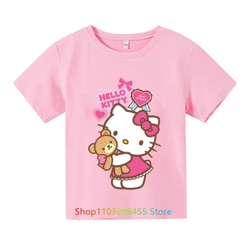 Футболка Hello Kitty, детская одежда для мальчиков и девочек, одежда для девочек, топы с короткими рукавами, спортивная мода с короткими рукавами для детей от 3 до 14 лет