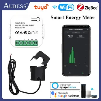 Tuya Zigbee WiFi Smart Energy Meter 80A Зажим трансформатора тока, автоматизация умного дома, Мониторинг мощности, Статистика электроэнергии