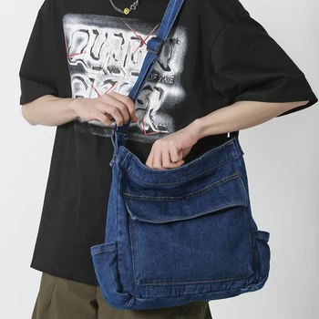 Выстиранная Джинсовая синяя мужская сумка-мессенджер через плечо, женские студенческие школьные сумки большой емкости, модная крутая Мужская Женская сумка через плечо