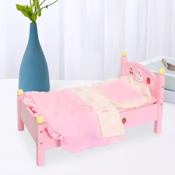 Имитационная модная кукольная кровать, подарки для девочек возрастом от 3 лет, Деревянная мебель с комплектом постельного белья, розовая, 30 см, украшение для куклы 1/6, Притворная игра