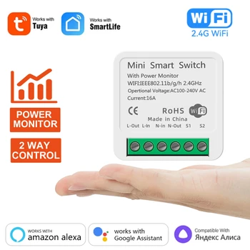 Модуль Tuya WiFi Smart Switch 16A с Монитором питания 2-Полосный Настенный выключатель Работает с Alexa Alice Google Home Smart Life APP