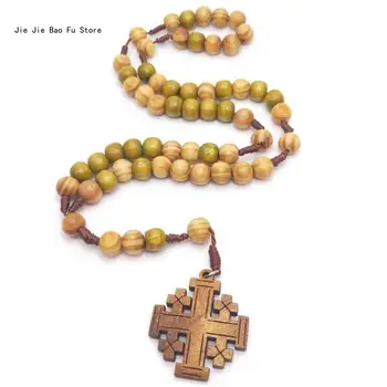 E8BD Иерусалимский Крест Четки Ожерелья Католический Деревянный Кулон из Бисера Цепочка для Мужчин Женщин Унисекс Молитва Религиозная Медитация Подарок