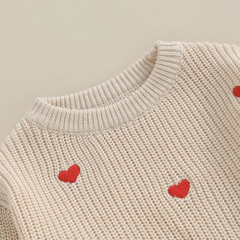Вязаные свитера для новорожденных девочек, топы, Детские наряды на День Святого Валентина, Толстовка с вышивкой в виде сердца и длинным рукавом, вязаная крючком.