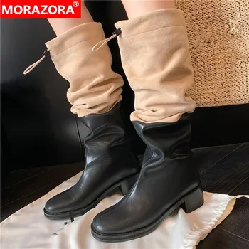 MORAZORA 2023 Новые осенние ботинки из натуральной кожи разных цветов, крутые Сапоги до колена с эластичной резинкой, Женская обувь на среднем квадратном каблуке.