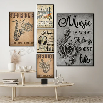 Винтажный музыкальный плакат, скрипка, виолончель музыкальное сердце, саксофон, девушка, играющая на скрипке, музыкальная стена, подарок для любителей музыки
