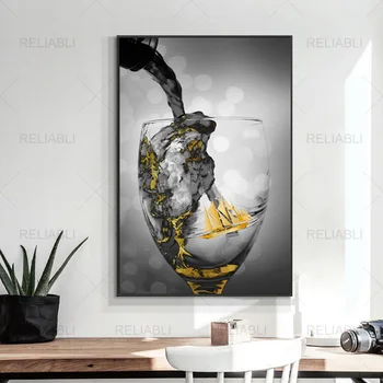 Современный скандинавский золотой Черный бокал для вина, парусник, Декоративная картина на холсте, Вход в ресторан, бар, домашний декор, печать плаката без рамки