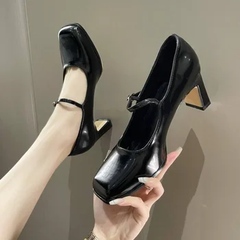 Женская обувь 2023 года, Летняя женская обувь на каблуке, готические туфли-лодочки, Японский стиль, Лолита Мэри Джейн, квадратный носок, высокие каблуки, Черный A