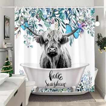 Забавная Высокогорная Корова В ванной, занавеска для душа, зеленые растения, листья эвкалипта, Подсолнух, Лавандовые занавески для душа, декор ванной комнаты