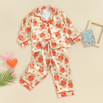 Весенне-осенние пижамные комплекты для девочек, рубашка с длинными рукавами и отворотом на пуговицах, брюки с принтом медведя в виде сердца, пижамы