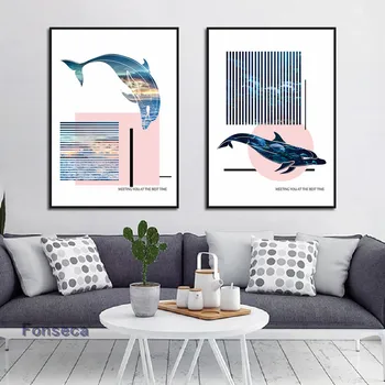 Геометрическая картина на холсте с розовым китом, простые цитаты, абстрактный плакат с силуэтом животного, современные настенные панно для дизайна дома