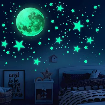 Amazon новое звездное небо светящаяся наклейка на стену звезды луна флуоресцентная наклейка украшение стены детской комнаты светящаяся наклейка