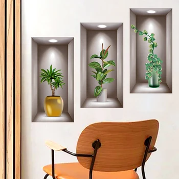 Наклейки на стены, имитирующие 3D Трехмерные зеленые растения в горшках, цветы, украшения для дома, гостиной, кабинета, обои