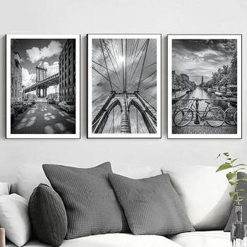 Скандинавская картина на холсте, черно-белые виды Нью-Йорка, Бруклинский мост, настенные художественные плакаты и гравюры, современное оформление комнаты