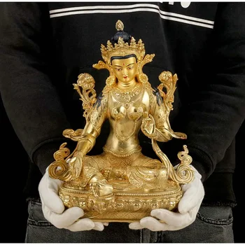 31 см большая золотая позолота Будды латунная статуя буддизма ДОМ семья эффективная защита Зеленая Тара Гуаньинь Будда Авалокитешвара
