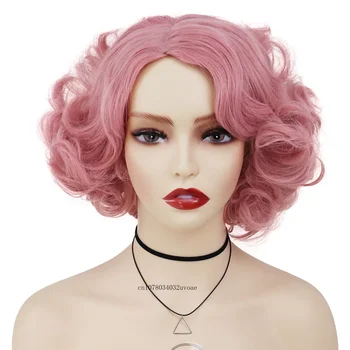 Синтетические розовые парики для косплея для женщин, короткие вьющиеся волосы, парик с боковой челкой, цветные пушистые локоны, парики для костюмов на Хэллоуин для девочек