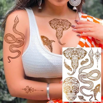 Уникальные временные татуировки в виде змеи и Слона для женщин и взрослых, сделай САМ, Поддельный Череп, Киты, Цветок, Золотая татуировка, Сексуальные наклейки с татуировками на груди