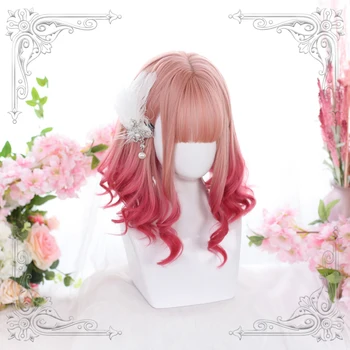 Высококачественная Лолита Розовая Воздушная Челка Хвост Волос Красный Постепенное Изменение Римских Вьющихся Волос Короткий Парик Косплей Вечеринка