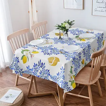 Летние Прямоугольные скатерти с лимонно-голубыми листьями, украшения для праздничных вечеринок, Водонепроницаемая настольная скатерть для декора кухни и столовой